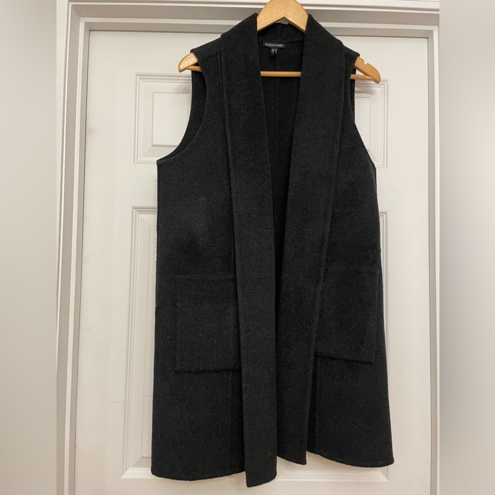 Eileen Fisher long vest blazer, dark gray, large
